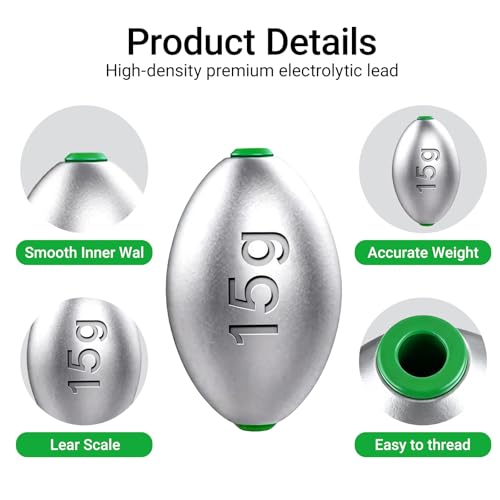 Egg Lead Fishing Sinkers Assorted Sizes - 15g, 20pcs, Oval Shape, Smooth Hole, Saltwater & Freshwater Tackle