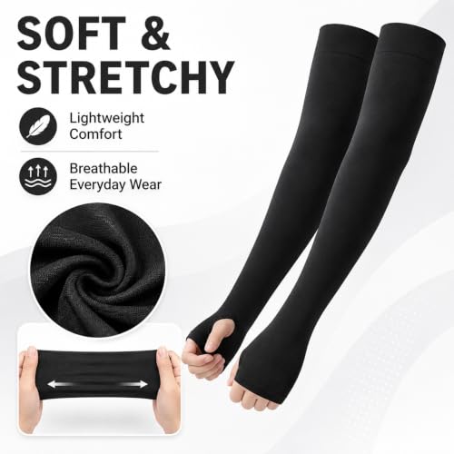 12 Pairs UV Sun Protection Arm Sleeves with Thumb Holes Black - Compression Cooling