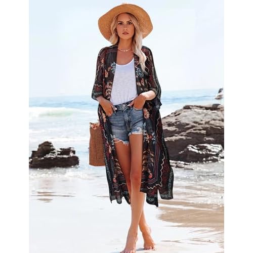 MayBuy Women's Summer Long Flowy Kimono Cardigans Boho Chiffon Beach Cover Up Tops