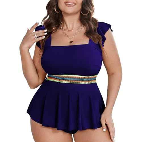 Eytino Plus Size Tankini Swimsuits for Women Colorblock Two Piece Tankini Top with Bikini Bottoms Swimwear(1X-5X)