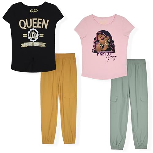 Girls Jogger Pants Set with Glitter & Foil Graphic Fleece Lounge Pants - 4 Pack