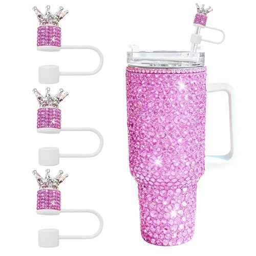 3Pcs Crown Diamond Straw Toppers Set for Stanley Cup - Bling Straw Covers with Glittering Rhinestones for 30 & 40 Oz Tumblers,21 Colors for Princess Girls Gift (Hot Pink)