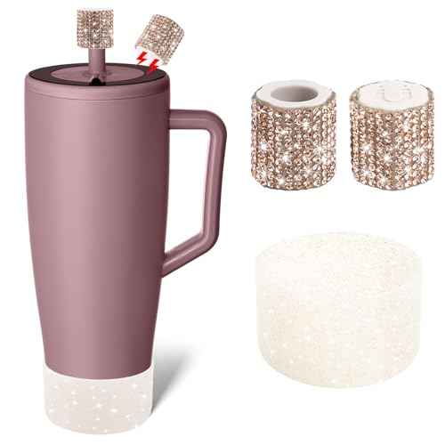 Silicone Boot and Rhinestone Magnetic Straw Cover Cap Compatible with Br?Mate Era | Anti-Slip Silicone Protector for 40 oz Tumbler with Handle | Accessory Set for Stainless Steel Drinking Cup