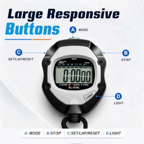 Therivo Black Digital Sports Stopwatch Timer with Large Backlit Display - Lap, Split, 12/24H, Alarm, Calendar for Coaches & Athletes