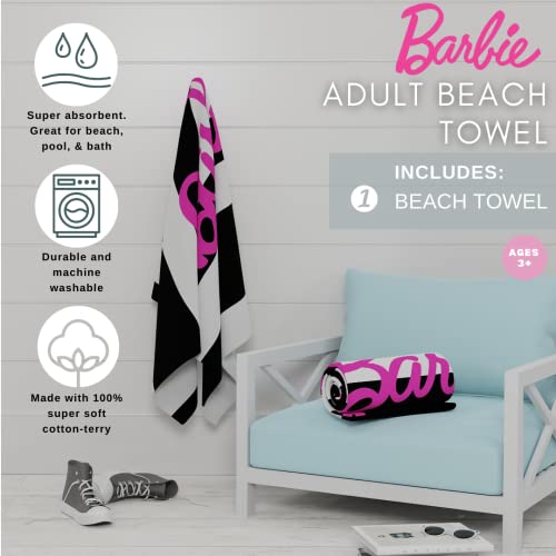 Franco Barbie Barbiecore Black & White Striped Soft Cotton Bath/Pool/Beach Towel, 60 in x 30 in, (Official Licensed Barbie Product)