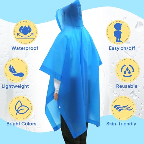 Kids Waterproof Reusable Rain Poncho Set - Blue 2 Pack - Hooded Outerwear for Boys & Girls