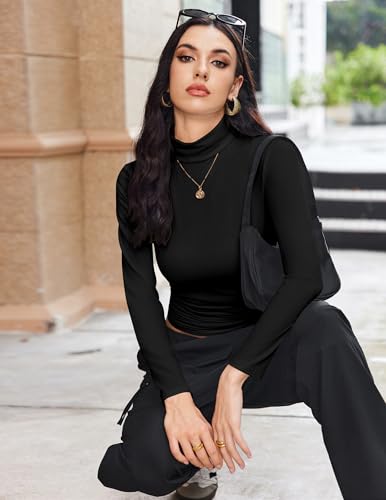 Large Black Thermal Turtleneck Tops for Women Long Sleeve Base Layer