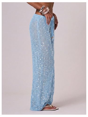 Women's Sequin Crochet Cover Up Pants Large Light Blue Beach Swimwear