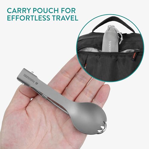 Navaris Titanium & Stainless Steel Spork - Lightweight & Foldable Travel Cutlery - Compact Reusable Fork & Spoon with Locking Mechanism & Carry Bag - Sporks for Camping & Outdoors
