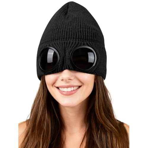 Unisex Winter Beanie with Fixed Goggles, Double-Layer Knit Hat with Soft Fleece Lining, Warm Windproof Skull Cap