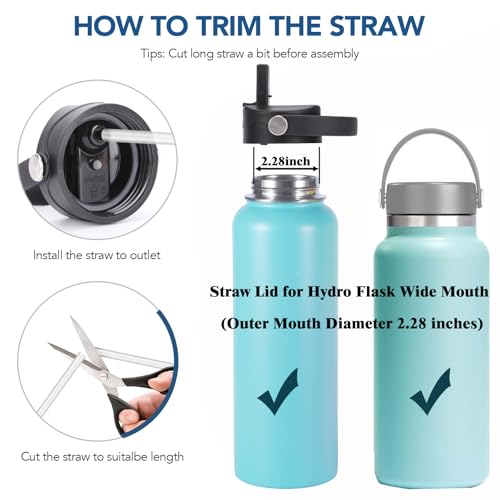 lids with Straw for Hydroflask Wide Mouth Water Bottle 32oz 40oz, Compatible With Takeya Wide Mouth Bottle, Replacement Cap Straw Cap With Big Nozzle, Lid with Straws and Brush with Flexible Handle