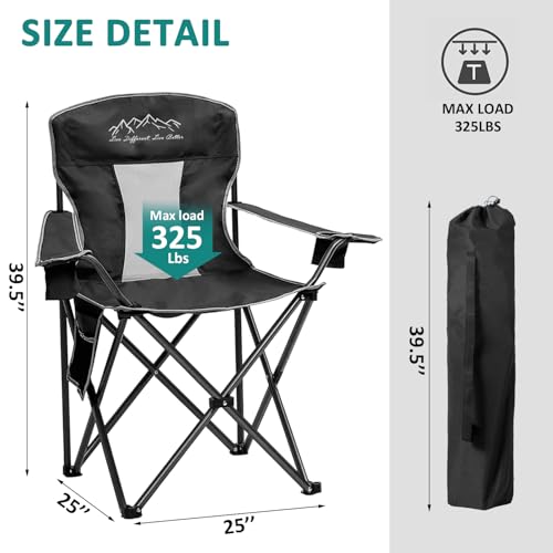 SAILARY 2PCS Mesh Folding Camping Chairs, Oversized Portable Outdoor Chairs, Weight Capacity 325 lbs with Cup Holder, Storage Pocket, Carry Bag Black