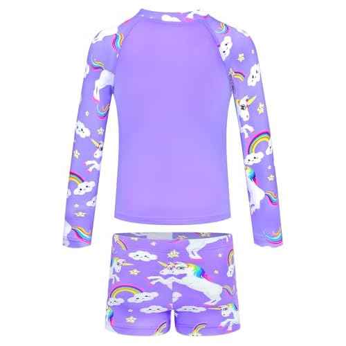 TENVDA Girls Rash Guard Swimsuit Long Sleeve Bathing Suits with Shorts for 3-12 Years Old Kids