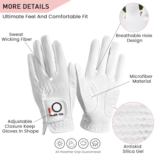Women’s Waterproof Golf Gloves - White, Worn on Both Hands, Small