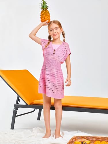 Girls Crochet Swim Cover Up with Buttons - Pink, 9-10 Years