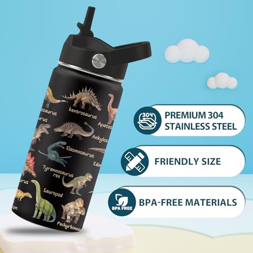 Dinosaur Water Bottle 16 oz Stainless Steel with Straw Lid - Dinosaur Gifts