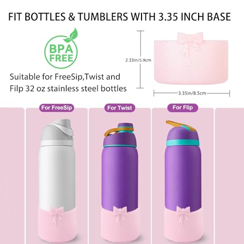 Glitter Bow Silicone Boot for Owala 32oz, Anti-Slip Protective Sleeve Bottom Bumper Protector for FreeSip, Twist, and Flip Stainless Steel Water Bottles Accessories, BPA Free