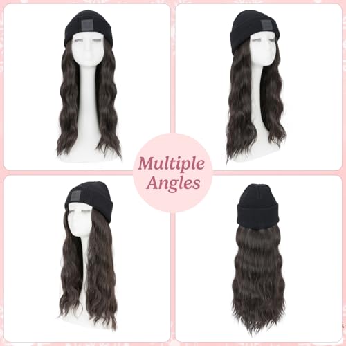 Beanie Wig with Hair - Synthetic Wavy Extensions 18 Inch - Black & Brown Variation