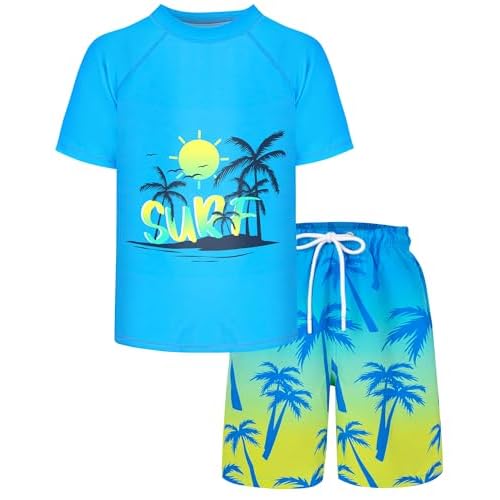 Boys Two Piece Rash Guard and Swim Trunks Outfit Set Kids Short Sleeve Swimsuit