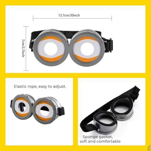 Women Men Halloween Costume Accessory Set, Yellow Knit Beanie Hat with Goggles and Black Gloves, 3-Piece