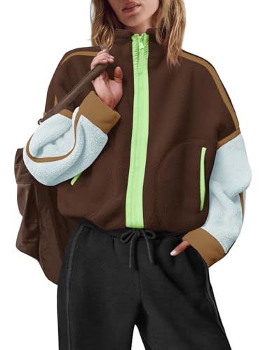 Women’s Zip Up Fleece Jacket Long Sleeve Sherpa Sweatshirt Small Cocoa Sky Combo