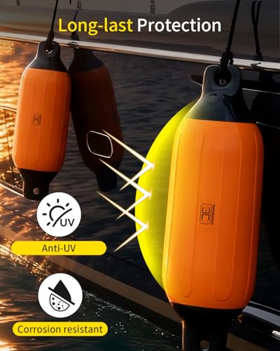 Inflatable Boat Fenders 4 Pack with Ropes - Black & Orange, 4.6 x 16 Inches