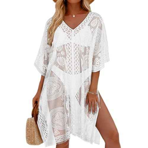 Womens Lace Bathing Suit Cover Up V Neck Beach Coverup Summer Swim Coverups Loose Bikini Beach Dress