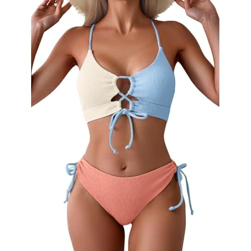 B2prity Women's Sexy Bikini Set Color Block Lace Up 2 Piece Bathing Suit Tie Side Swimsuit