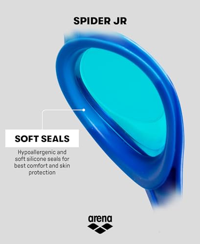 Youth Unisex Spider Swim Goggles - Fogless, Recycled Silicone, Easy Adjust Strap - Blue/Gray/Blue, Anti-Fog Mirror Variation