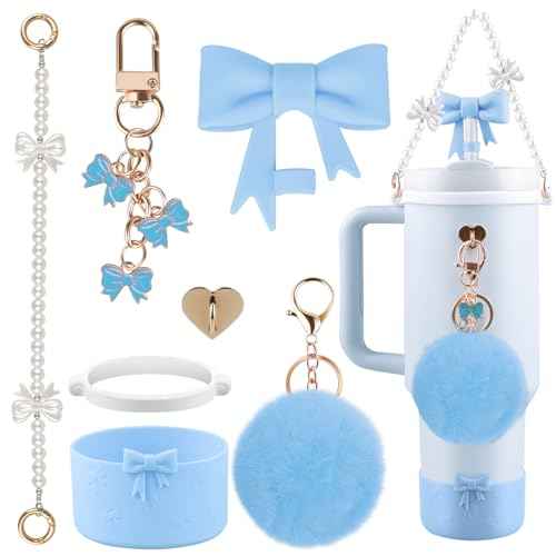 Stanley Cup Accessories Set for 40oz & 30oz Tumbler,Silicone Straw Cover, Cute Bow Charm,Handle Strap,Cup Ring,Plush Pendant,Silicone Stanley Boot,Heart Buttons (Light Blue)