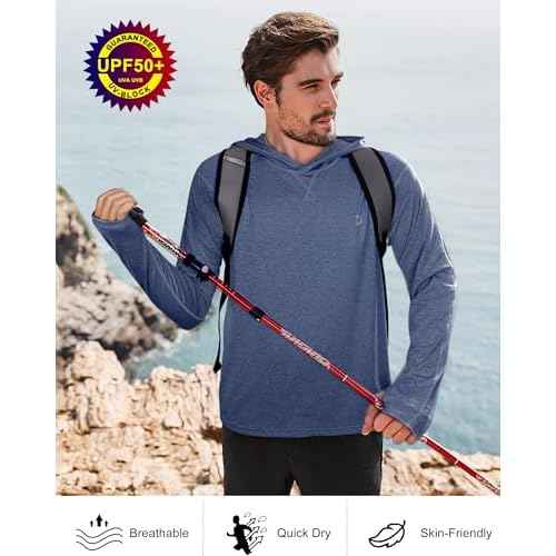 Roadbox Mens UPF 50+ Fishing Shirts, Long Sleeve UV Sun Hoodie, Hiking Running Swim Athletic Workout Shirt