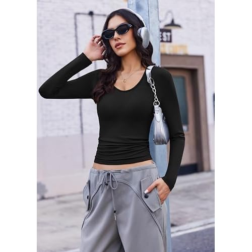 Ekouaer Deep V Neck Shirts for Women Long Sleeve Thermal Tops Slim Fit Lightweight Undershirts Soft Low Cut Tees XS-XXL