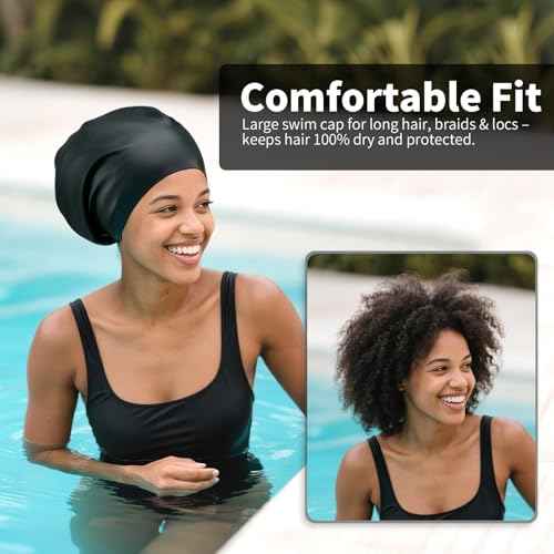 Extra Large Silicone Swim Cap for Long Hair - Waterproof Swimming Caps for Adults ; Comfort-Fit Tear-Resistant Bathing Cap to Keep Hair Dry