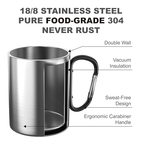 Glow-in-The-Dark Stainless Steel Camping Mug with Carabiner Handle | Double-Wall Vacuum Insulated, Compact & Lightweight 9.5oz Cup for Hiking, Backpacking