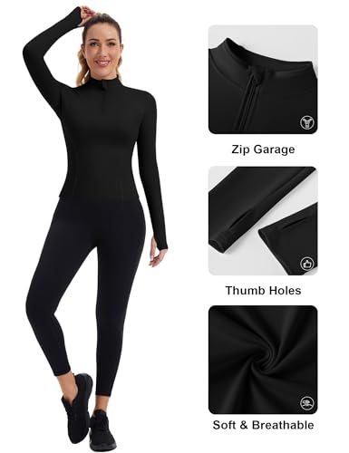 Women’s Quarter Zip Pullover Crop Top - Slim Fit Long Sleeve Workout Shirt Medium Black