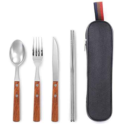 Travel Utensils with Case 4-Pack Wooden Handle Stainless Steel Reusable Travel Cutlery Set, Forks Spoons Knives Flatware Set for Camping, Picnic, Lunch Box for Men