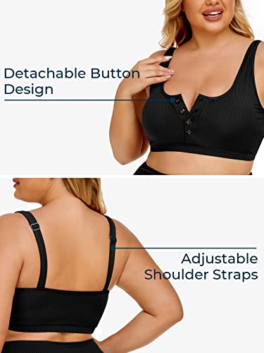 Plus Size Ribbed High Waist Bikini Set for Women - Scoop Top Tummy Control - Black 18 Plus