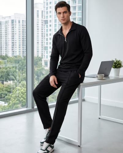 Men's 2-Piece Tracksuit Sets Long Sleeve Polo Sweat Suit - Medium Black