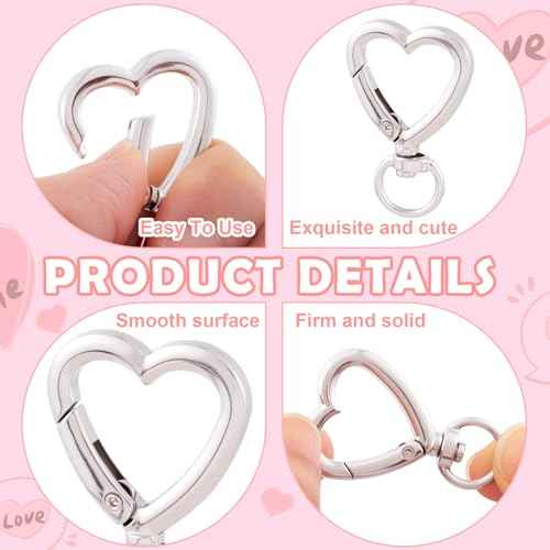OIIKI Heart Shape Keychain Clip, Heart Carabiner Spring Snap Hook, Cute Lobster Clasp for Keys, Bags