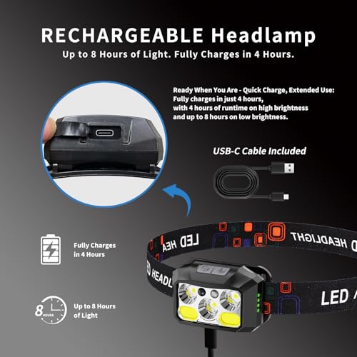 Black Rechargeable LED Headlamp 3-Pack, 800 Lumens, USB-C Waterproof, 8 Modes
