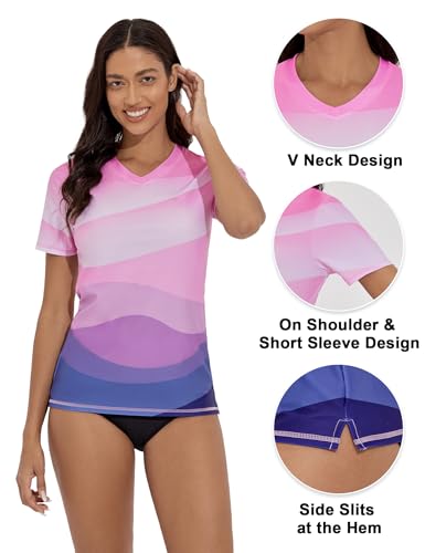 Women's V-Neck Short Sleeve Rash Guard Swim Shirt - Large Pink Purple Gradient