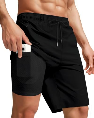 Men's 9 Inch Swim Trunks with Compression Liner, Quick Dry, Zipper Pockets - Black, X-Large