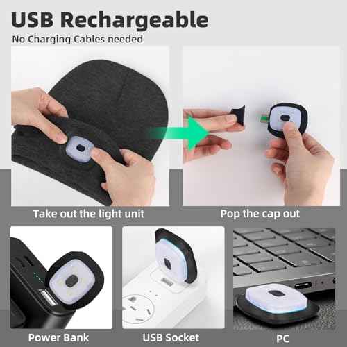 Unisex LED Beanie Hat with Light, USB Rechargeable Headlamp Beanie, Birthday Gifts for Women Men Him Boyfriend