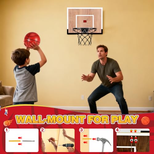 Indoor Mini Basketball Hoop Set with Scoreboard - Wall & Door Mount, 3 Balls, Pump - Score Version