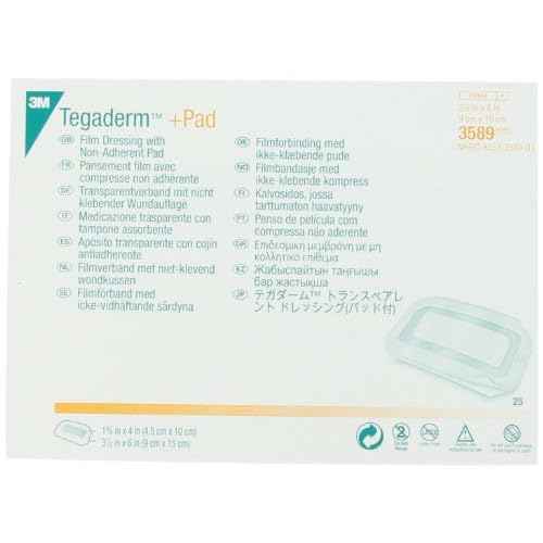 3M Tegaderm +Pad Film Dressing with Non-Adherent Pad, Sterile Dressing With Waerproof Bacterial Barrier and Absorbent Pad, 3.5" x 6", Box of 25