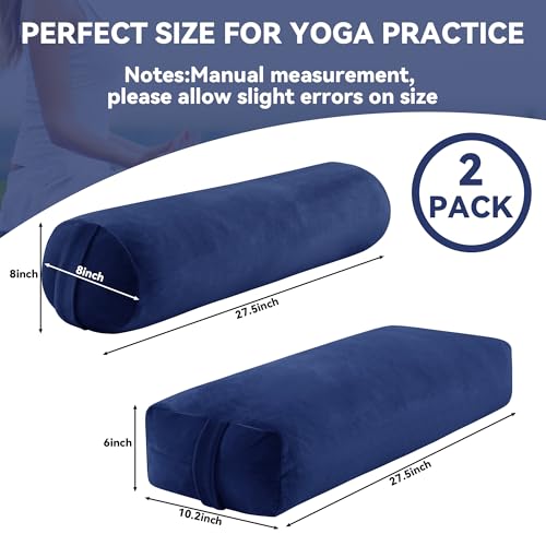 Royalay Yoga Bolster Pillow Set with Carry Handles - Dark Blue, Rectangular & Cylinder for Restorative Yoga and Meditation