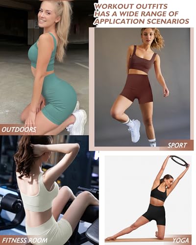 Seamless Ribbed High Waist Workout Set for Women Summer with Sports Bra - Beige / Medium