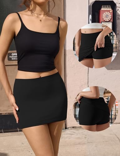 Mini Skirt with Built-In Shorts for Women - Black, Medium, Y2K Bodycon