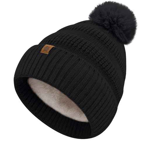Winter Beanie Hats for Women with Faux Fur Pom Warm Cozy Knit Fleece Thermal Snow Ski Skull Cap for Cold Weather