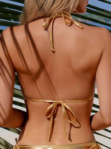 Women's Metallic Triangle Gold Bikini Top - Medium / Gold - Shiny Halter Swimsuit